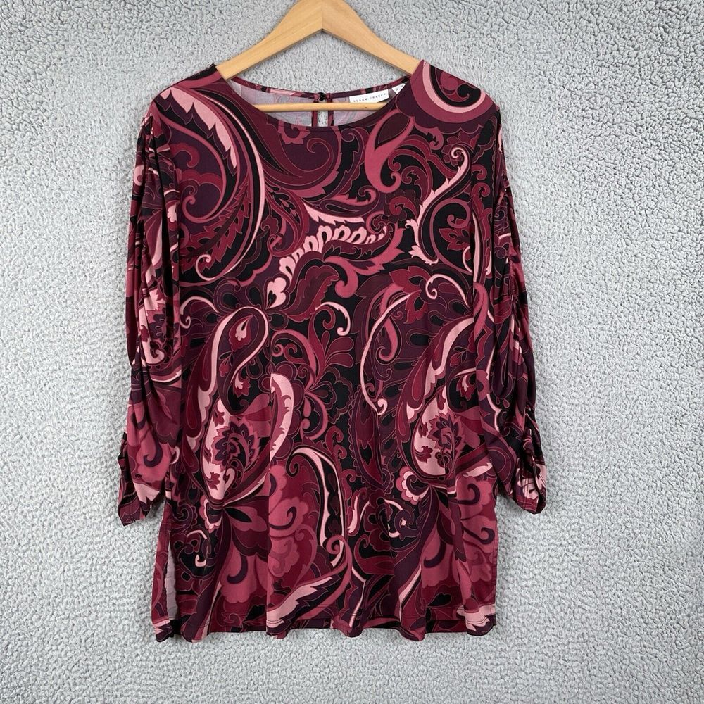 Susan Graver Top Women Extra Large Burgundy Pink Paisley 3/4 Ruched Sleeve Tunic